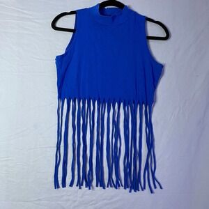 Nana Fringe Crop Top Women Large Blue Mock Neck Sleeveless Tassel tank top